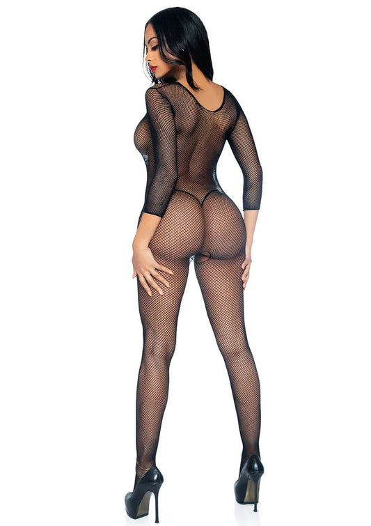 Zwarte bodystocking met V-hals, doorzichtig gaas en lange mouwen, rug aanzicht