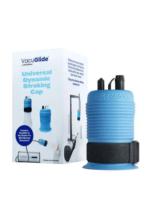 Autoblow VacuGLIDE universele dynamische stroker cap, blauwe dop met zwarte riem