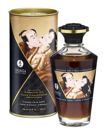 Massageoliefles van Shunga, crème latte kleur, zwarte dop, 100 ml