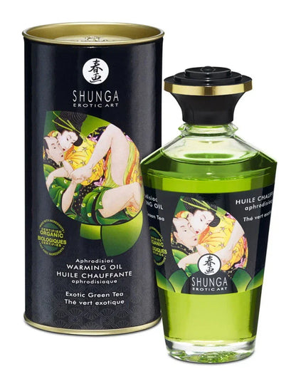 Shunga warmingolie met exotische groene thee, fles 100 ml en blik