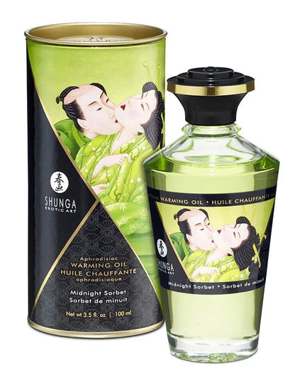 Shunga verwarmende olie Midnight Sorbet: groene fles met zwarte dop, bijpassend blik