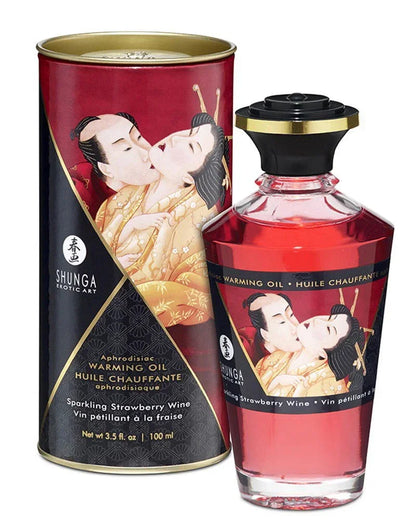 Verwarmende olie Shunga Sparkling Strawberry Wine (100 ml) in rode fles en blik